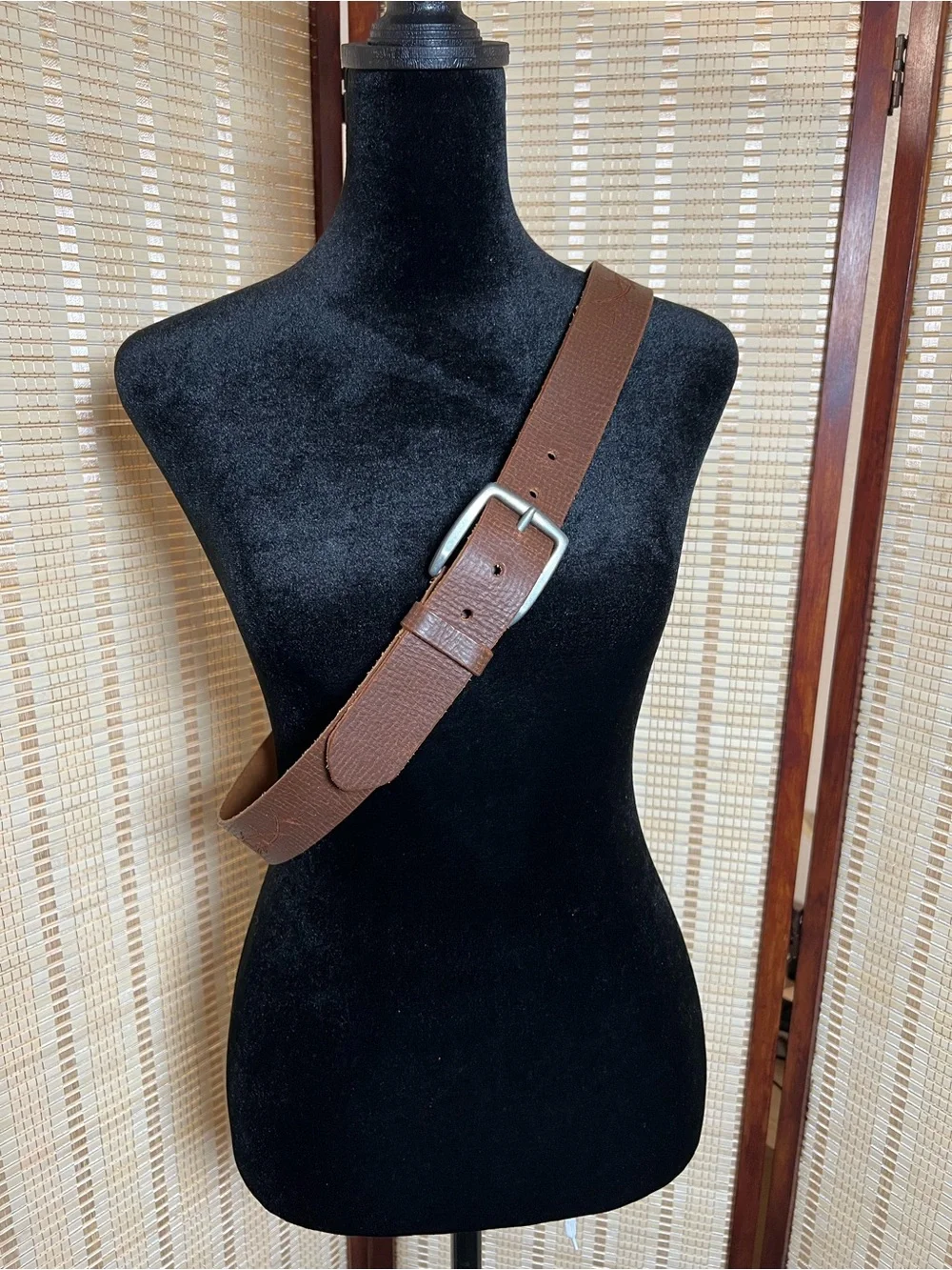 Vintage Leather Tribal Cross Laser Etched Belt Size 36 Made in USA Brown Y2K